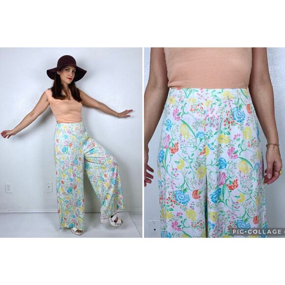 sz 30 vintage 70s Colorful FLORAL high waist PALAZZO PANTS xl/32 wide leg flares - Picture 1 of 10